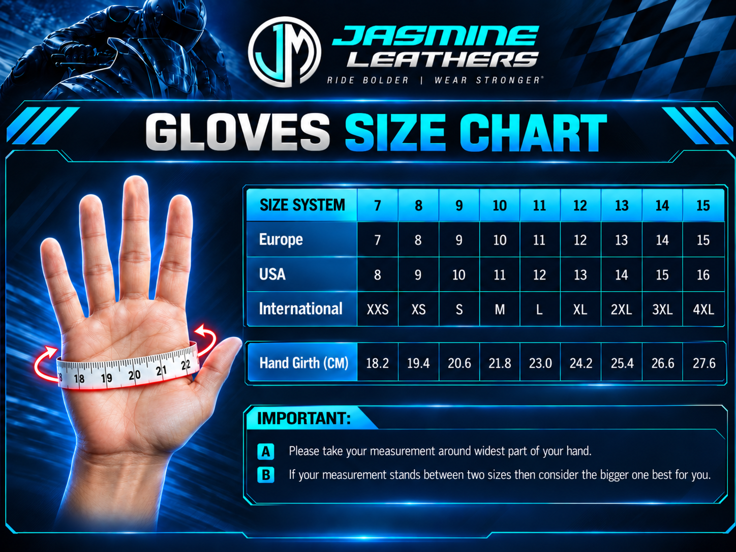 Jasmine Leathers Gloves size chart