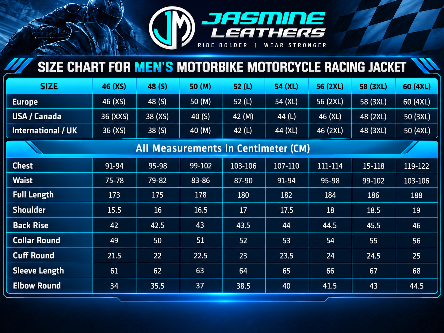 Jasmine Leathers Jackets size chart