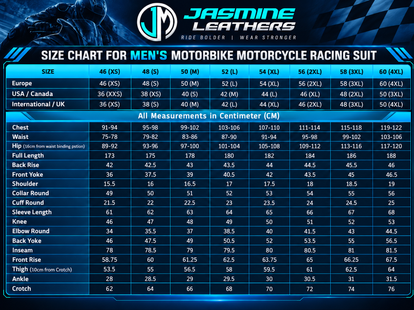 Jasmine Leathers Suits size chart