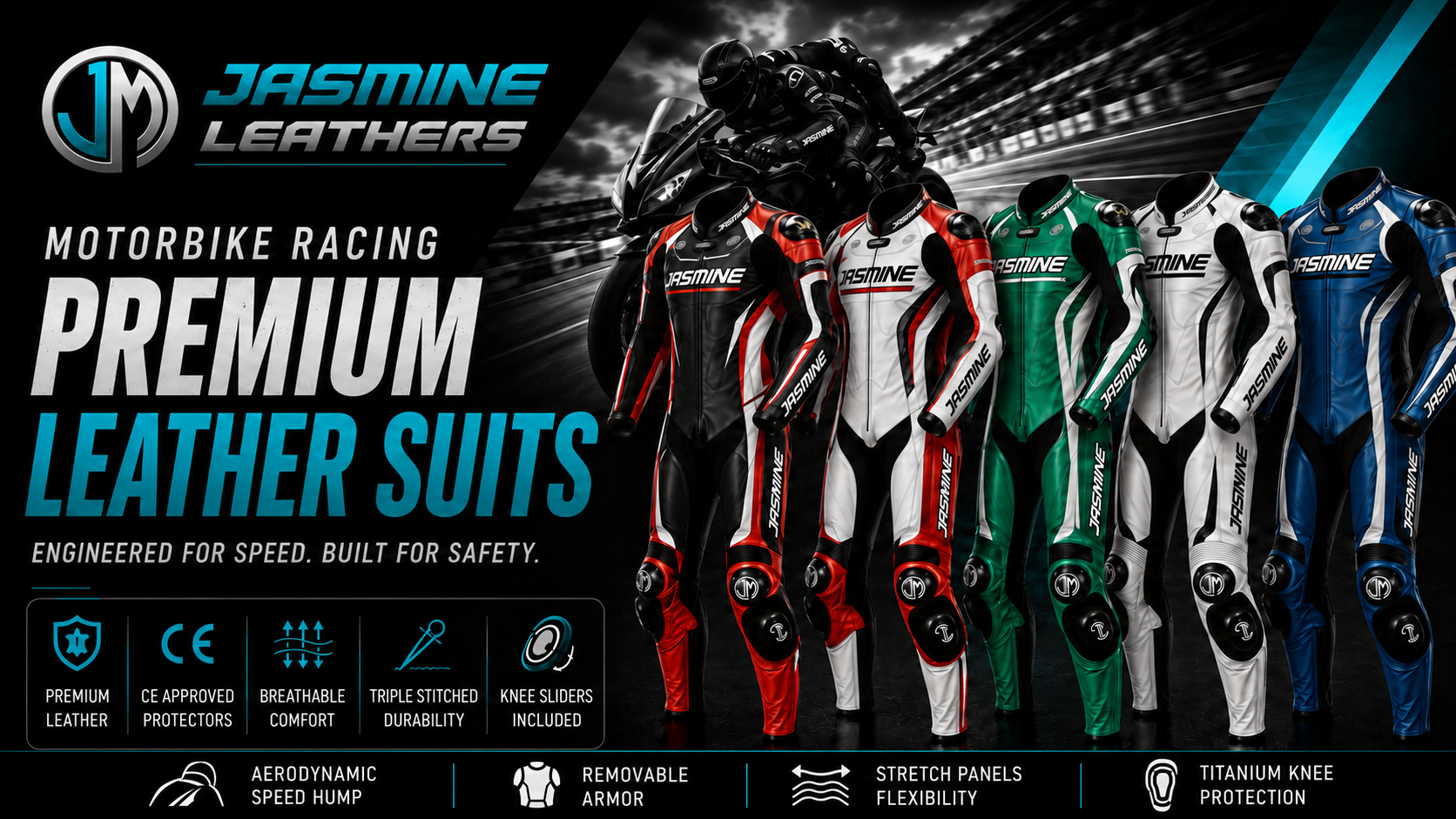 Jasmine Leathers premium motorbike racing leather suits collection