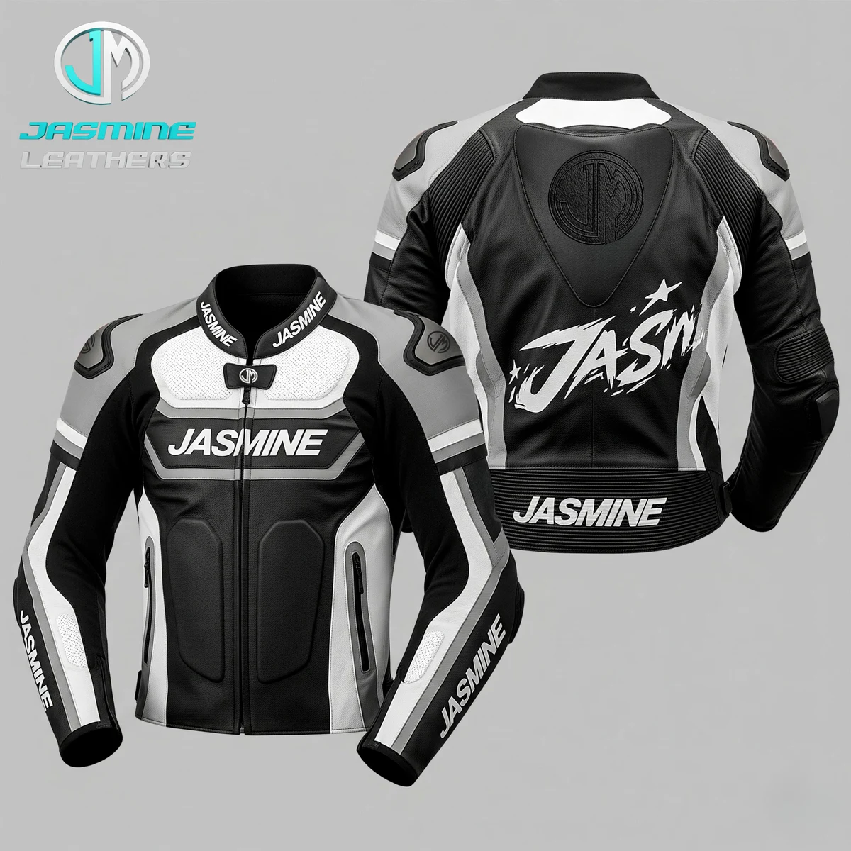 Jasmine Leathers Silver Apex Racing Leather Jacket — front and back