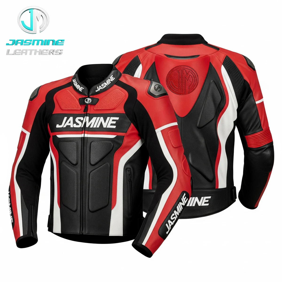 Jasmine Leathers Redline Racing Leather Jacket — front and back