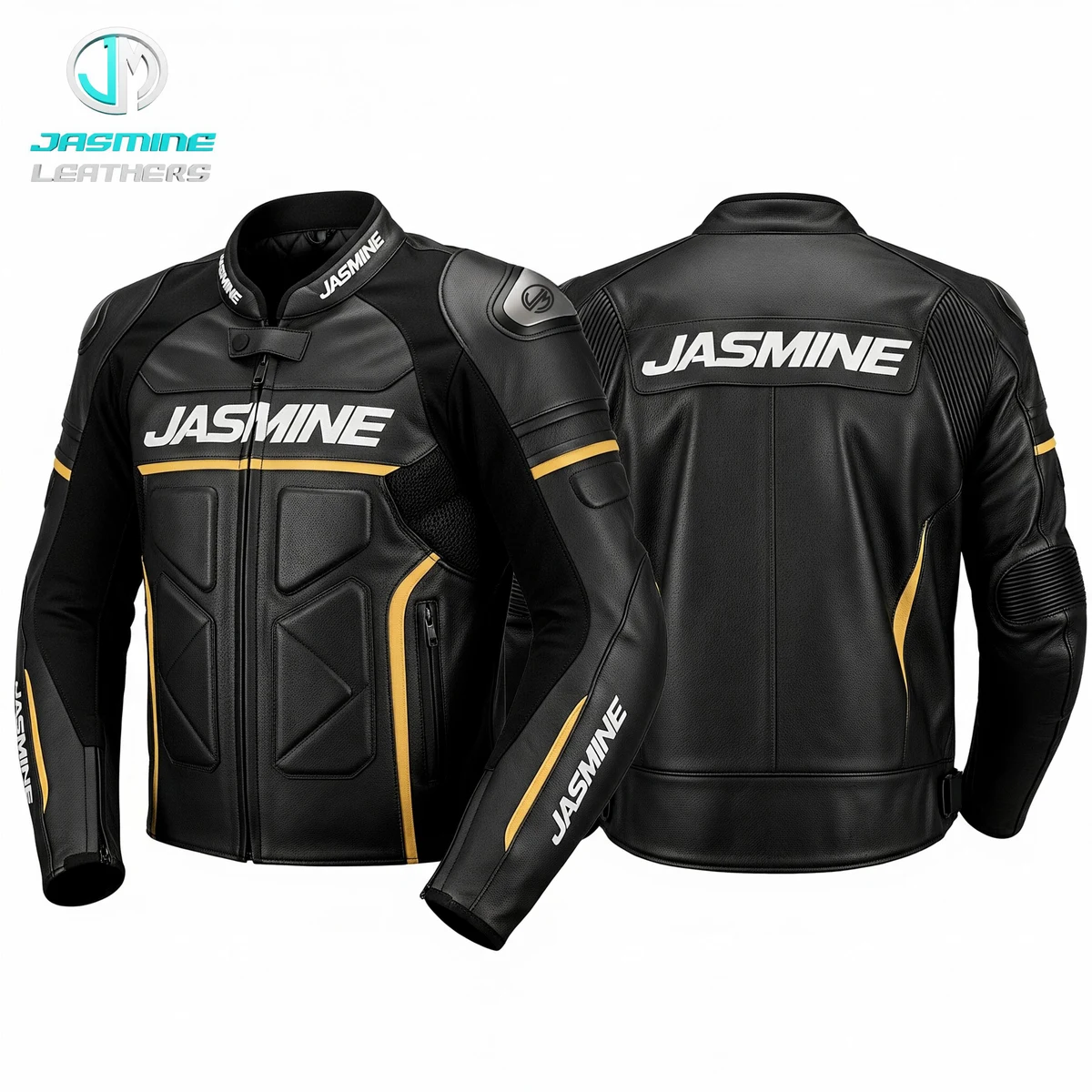 Jasmine Leathers Gold Trace Racing Leather Jacket — front and back