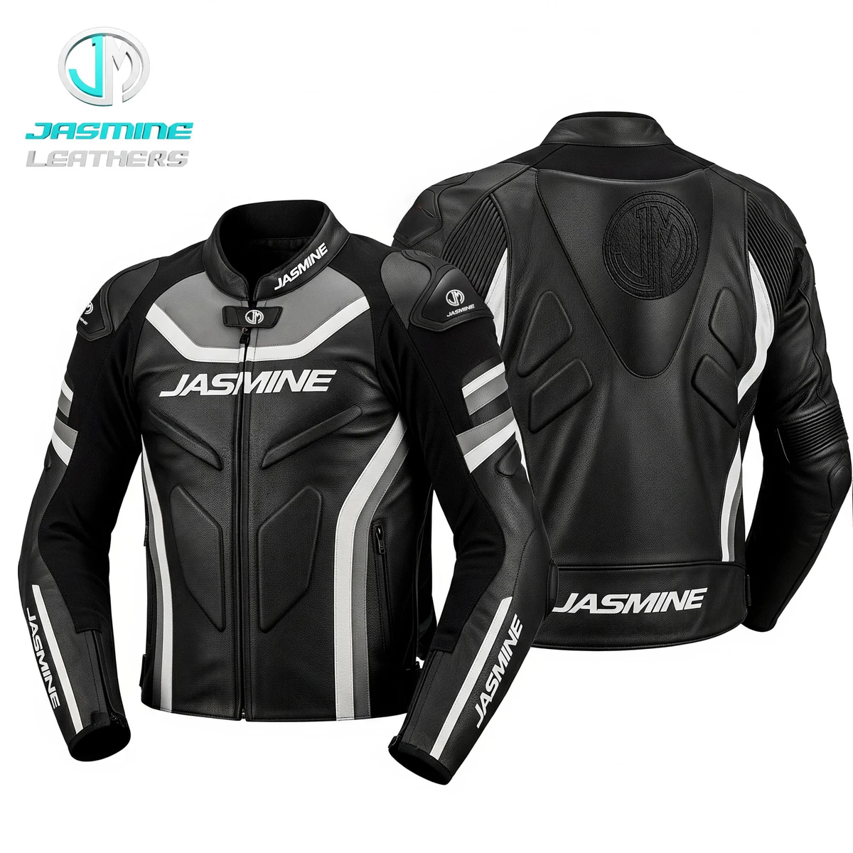 Jasmine Leathers Monochrome Racing Leather Jacket — front and back