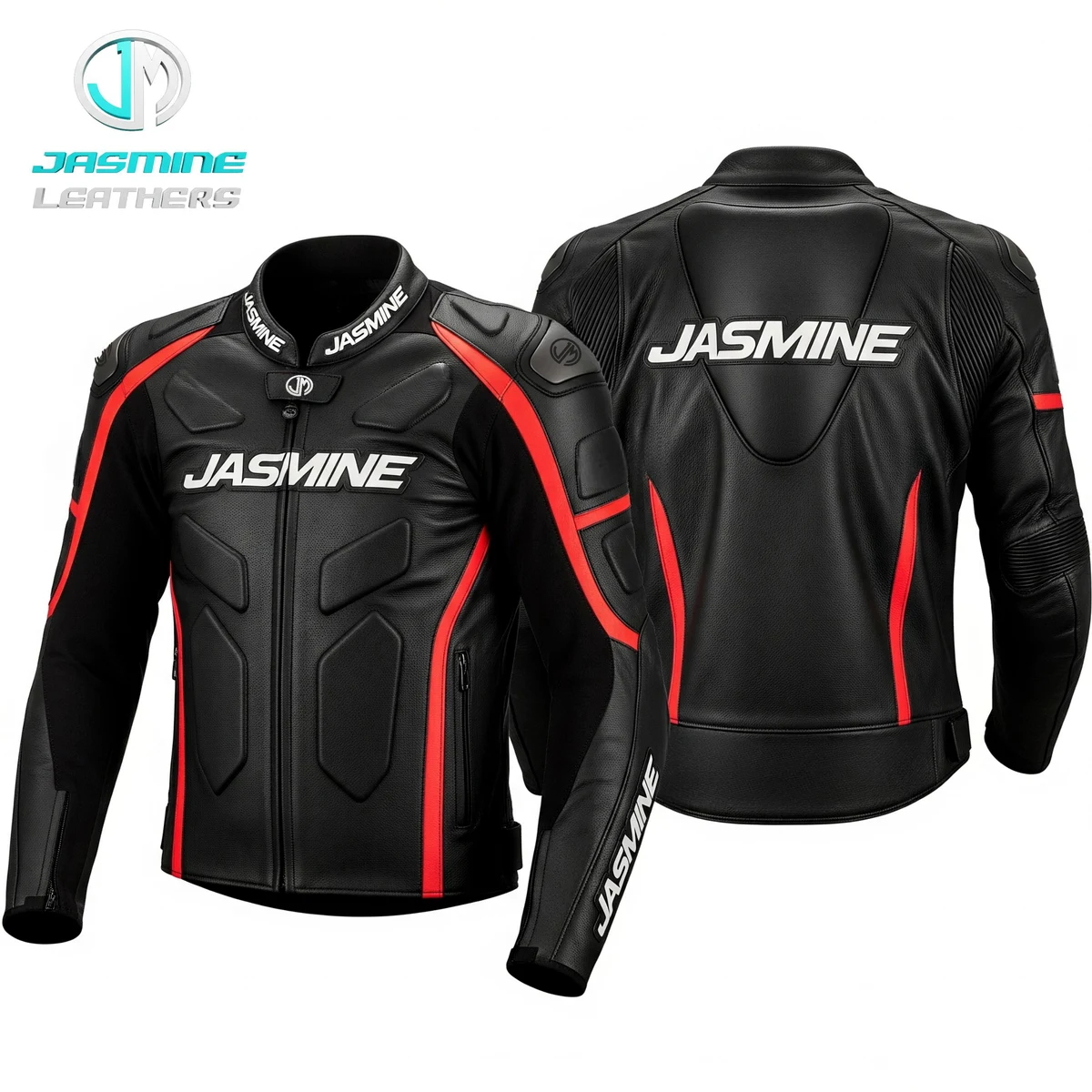 Jasmine Leathers Ember Racing Leather Jacket — front and back