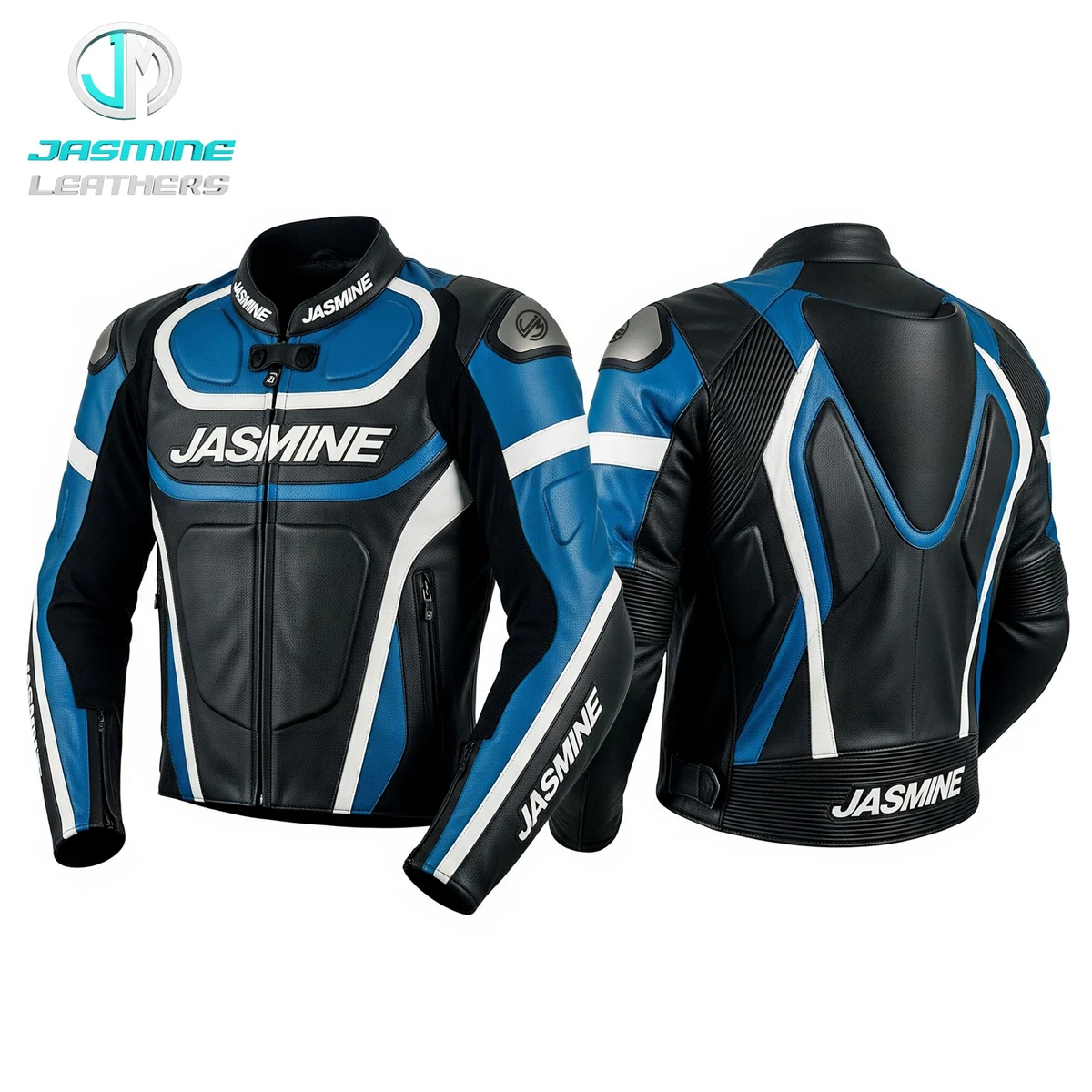 Jasmine Leathers Blue Vector Racing Leather Jacket — front and back