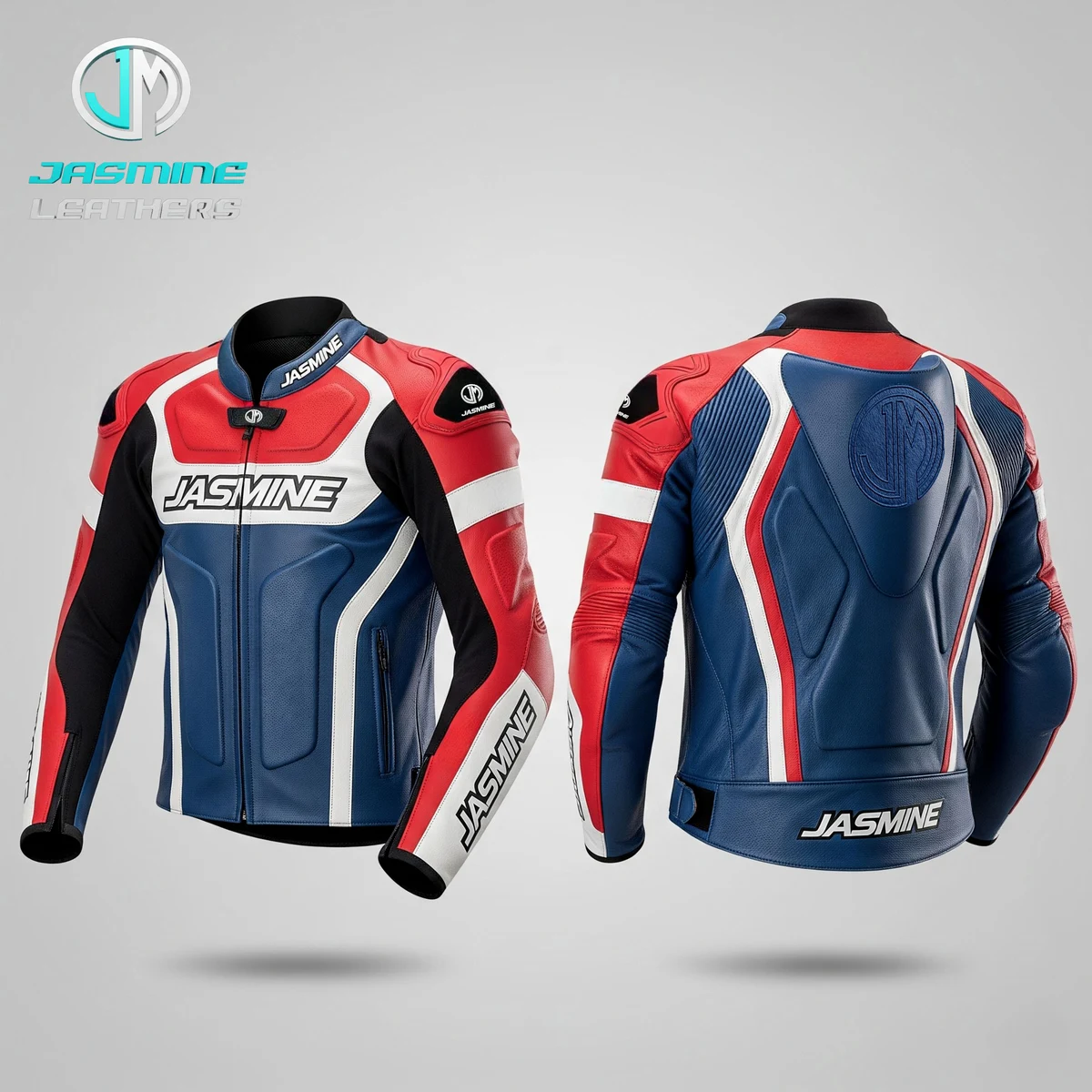 Jasmine Leathers Tricolour Racing Leather Jacket — front and back