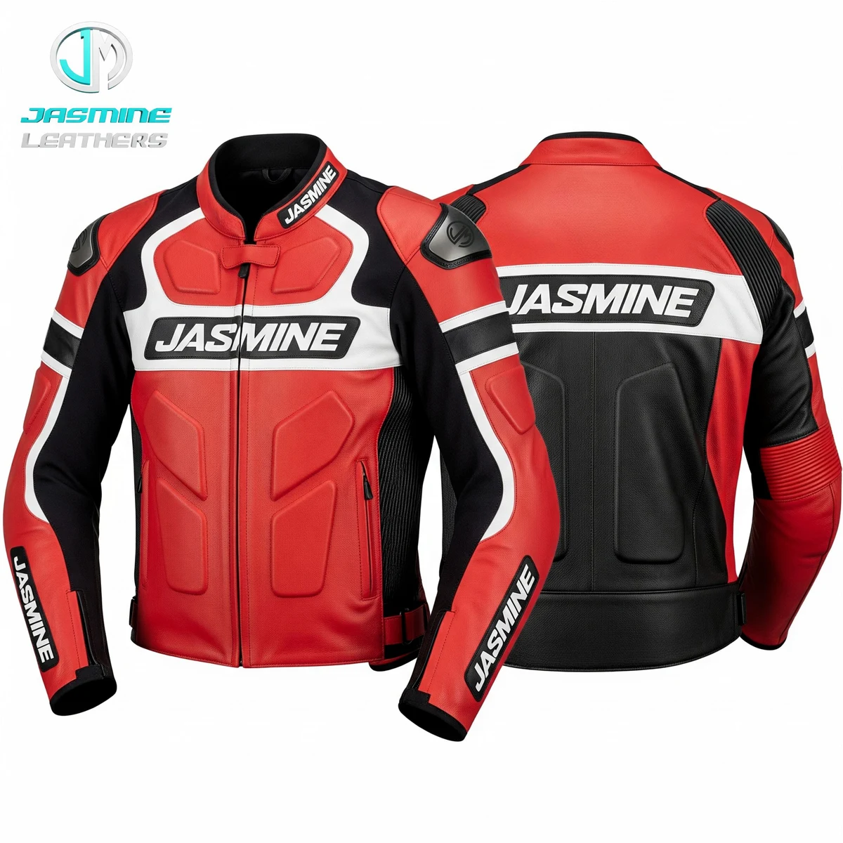 Jasmine Leathers Scarlet Racing Leather Jacket — front and back