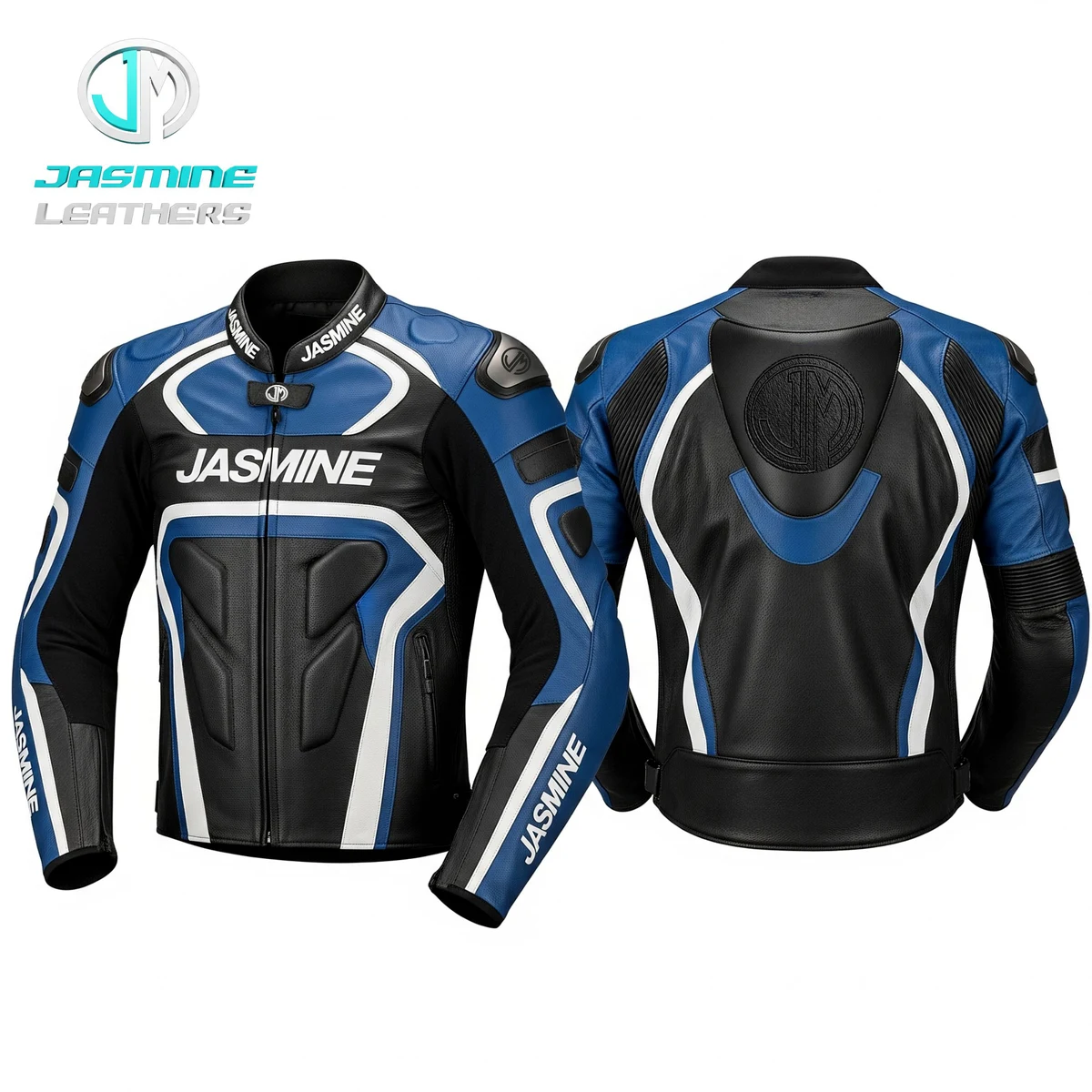 Jasmine Leathers Cobalt Racing Leather Jacket — front and back