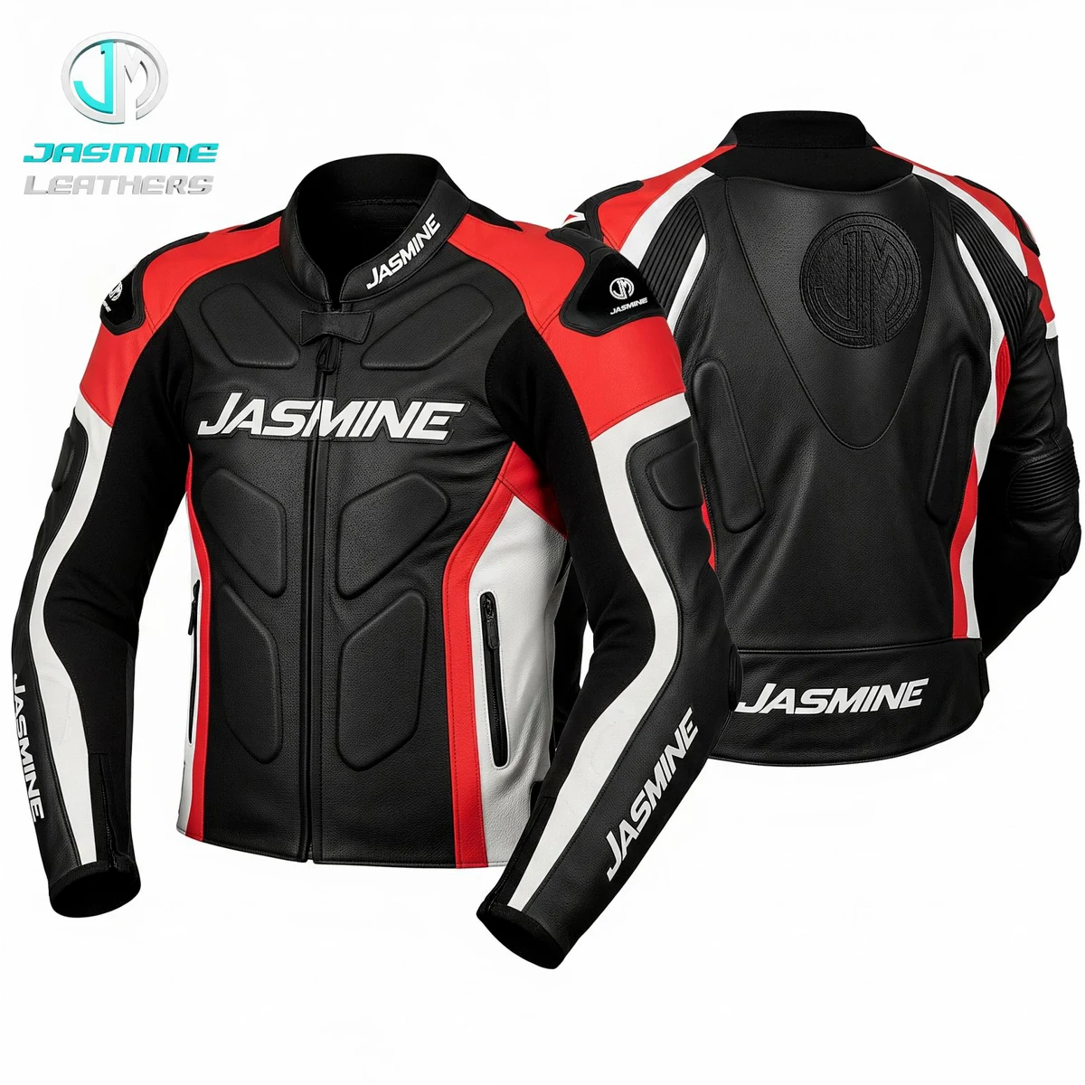 Jasmine Leathers Ignition Racing Leather Jacket — front and back