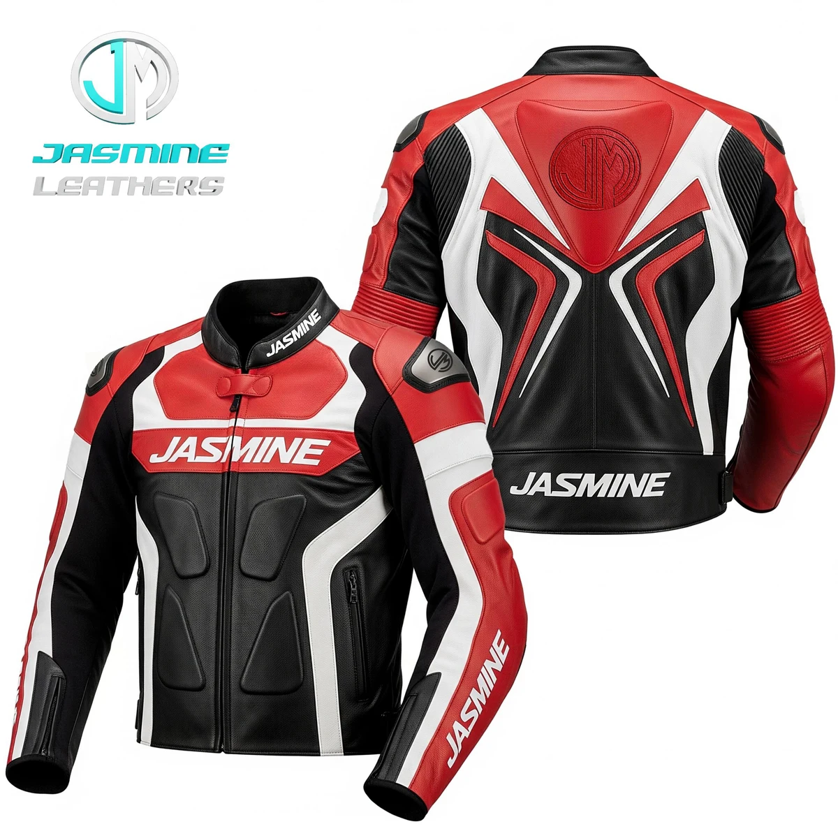 Jasmine Leathers Crimson Crest Racing Leather Jacket — front and back