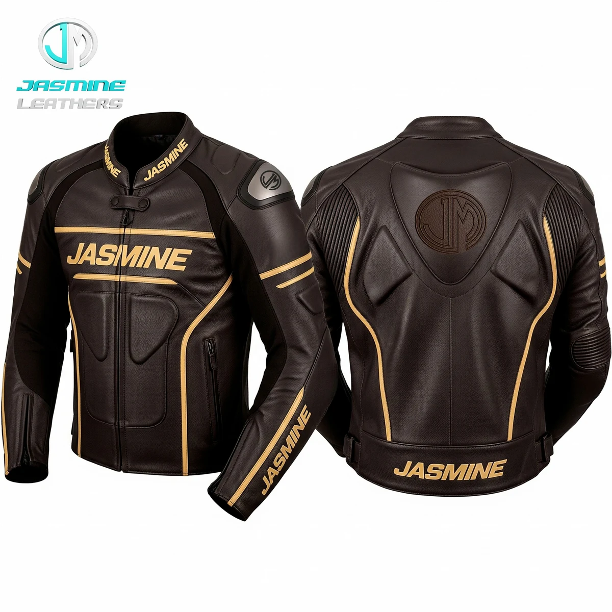 Jasmine Leathers Bronze Racing Leather Jacket — front and back