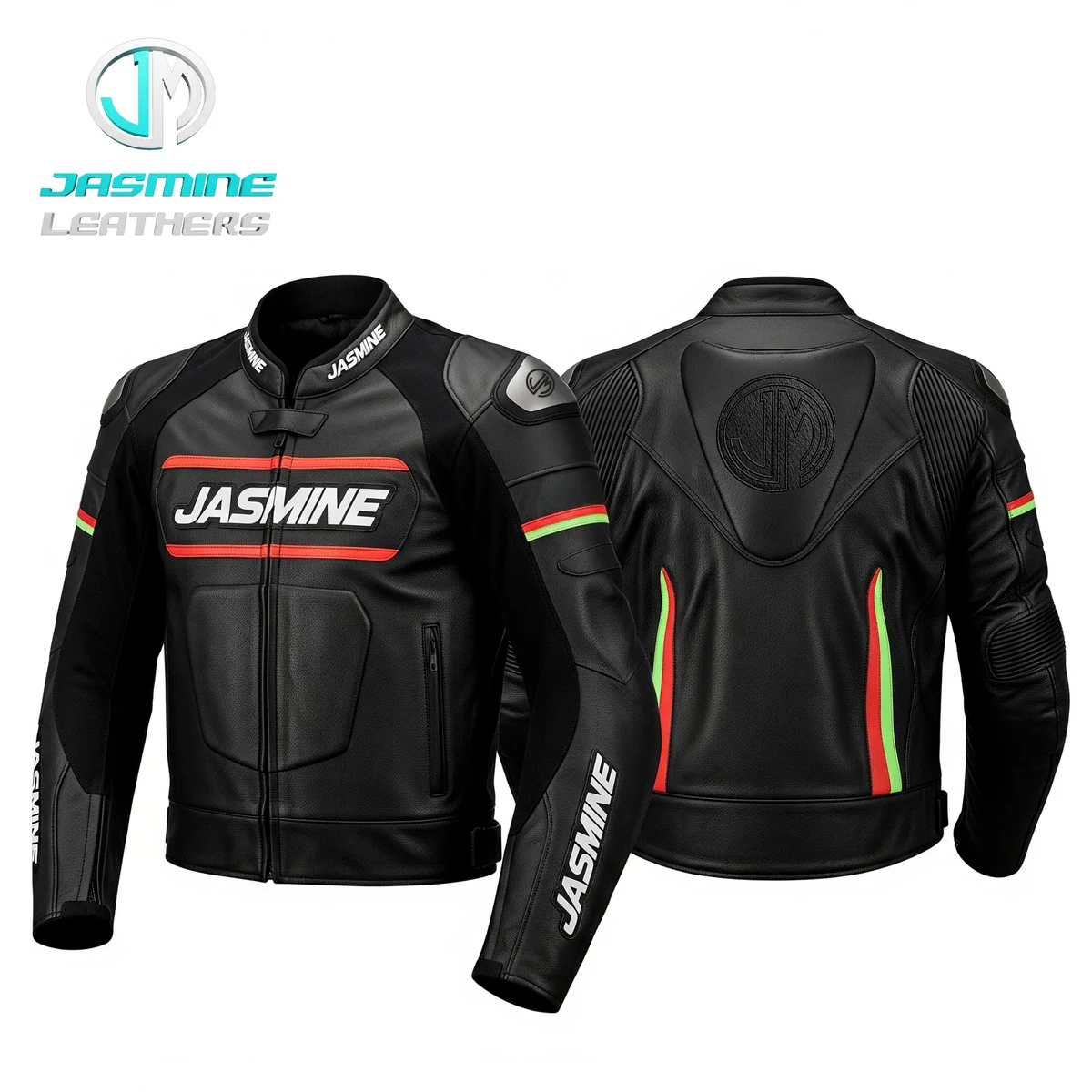 Jasmine Leathers Tricolore Racing Leather Jacket — front and back
