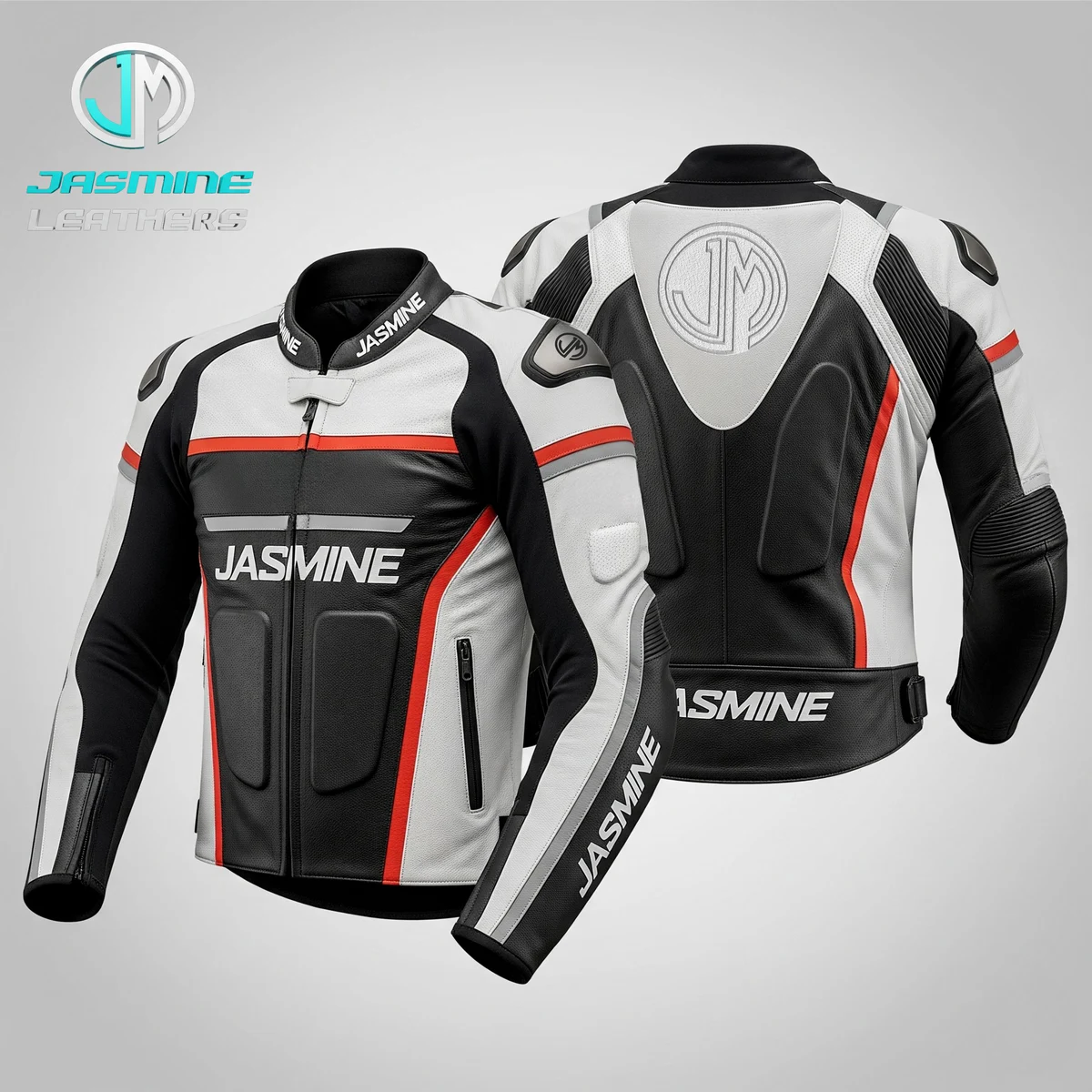 Jasmine Leathers Silverline Racing Leather Jacket — front and back