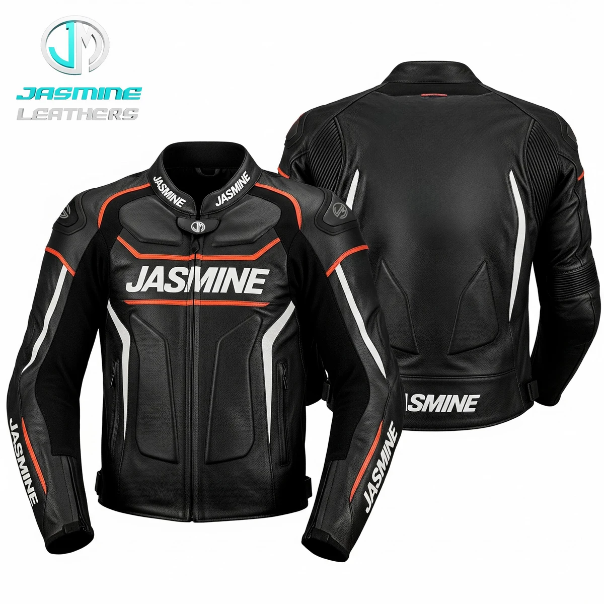 Jasmine Leathers Orange Trace Racing Leather Jacket — front and back