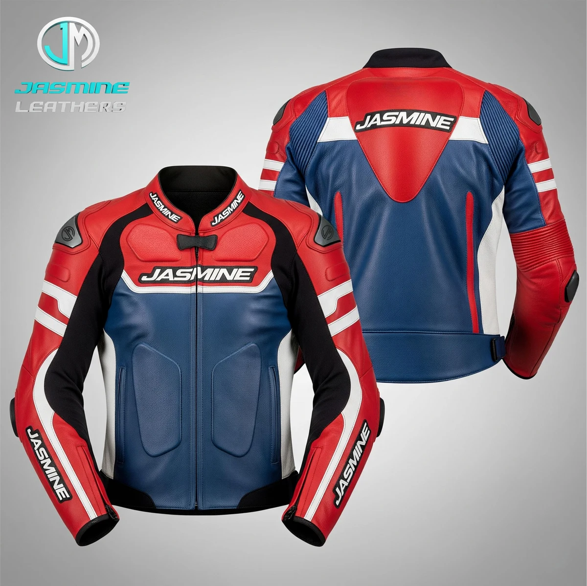 Jasmine Leathers Union Racing Leather Jacket — front and back