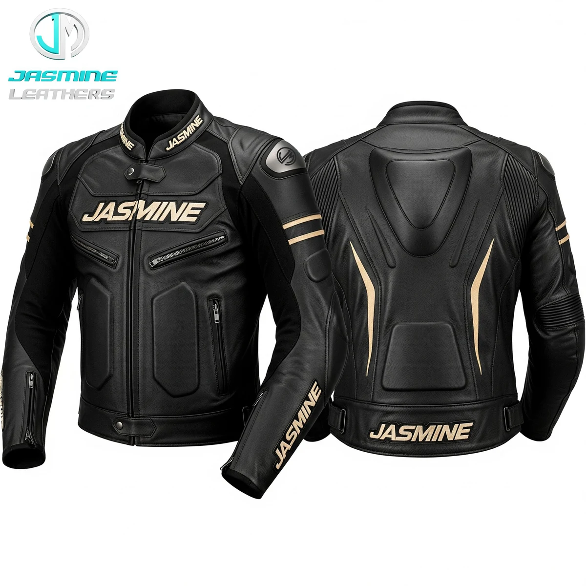 Jasmine Leathers Goldline Racing Leather Jacket — front and back