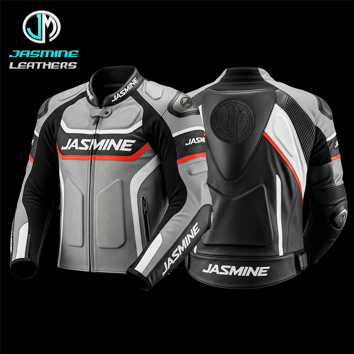 Jasmine Leathers Graphite Racing Leather Jacket — front and back