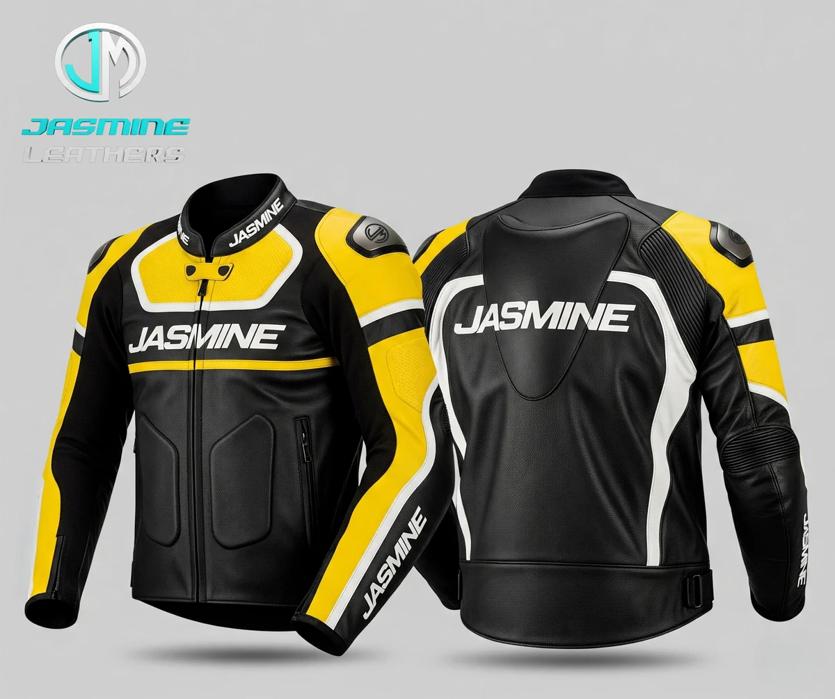 Jasmine Leathers Yellow Apex Racing Leather Jacket — front and back