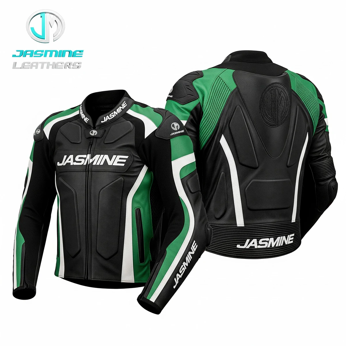 Jasmine Leathers Greenline Racing Leather Jacket — front and back