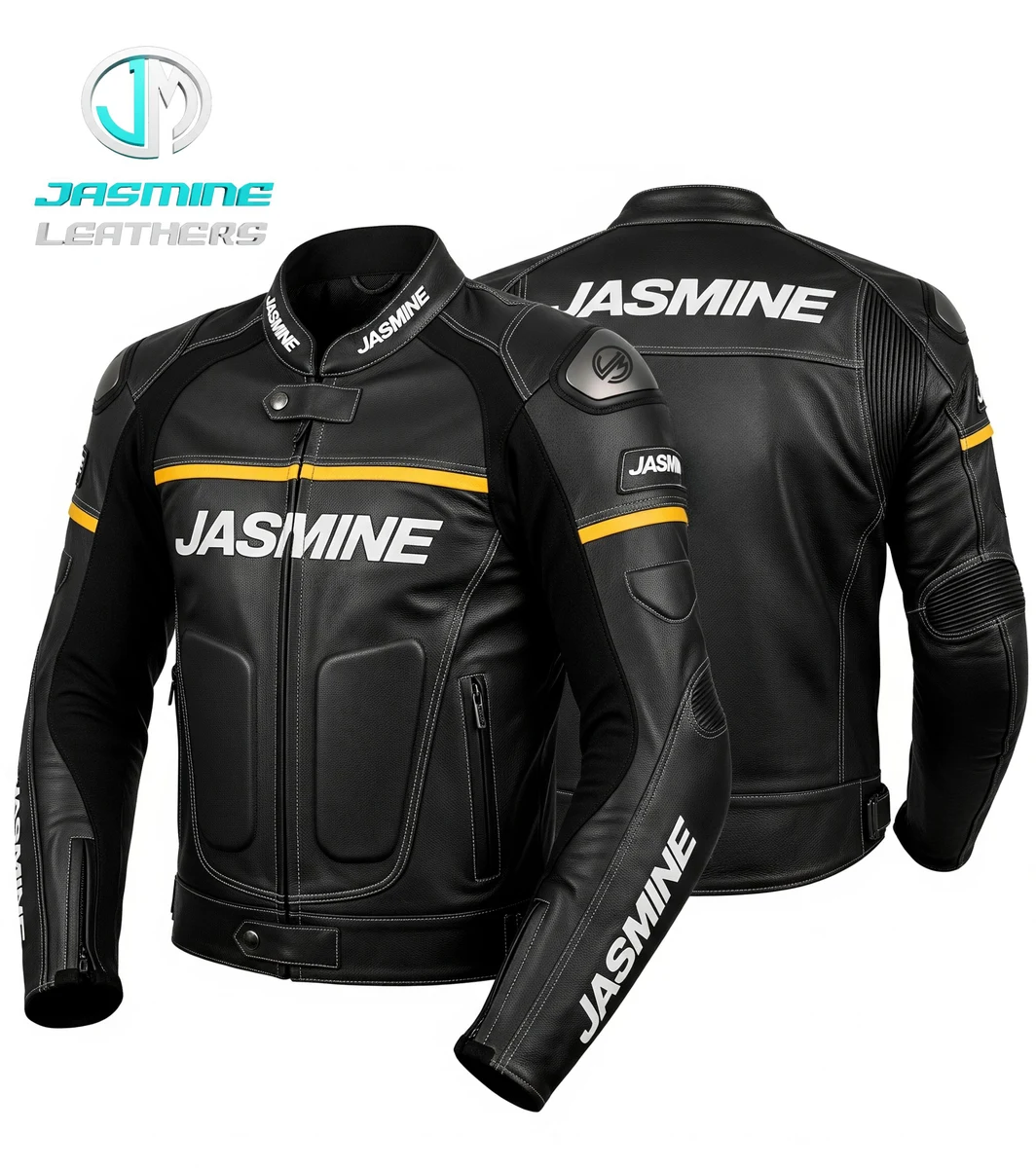 Jasmine Leathers Gold Sprint Racing Leather Jacket — front and back