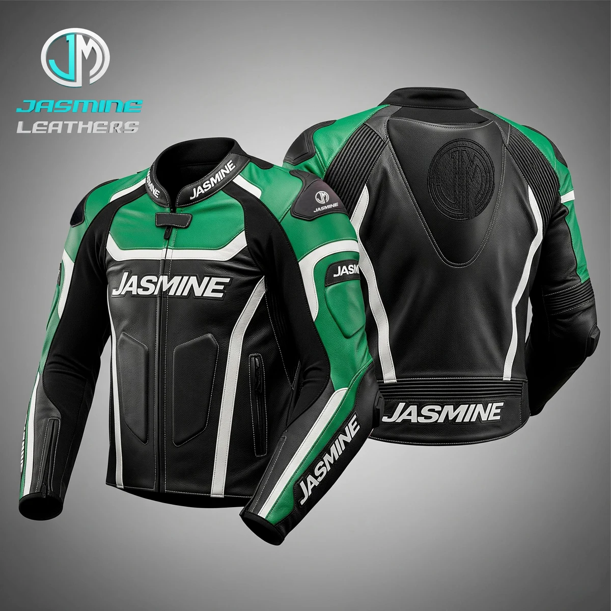 Jasmine Leathers Jade Racing Leather Jacket — front and back