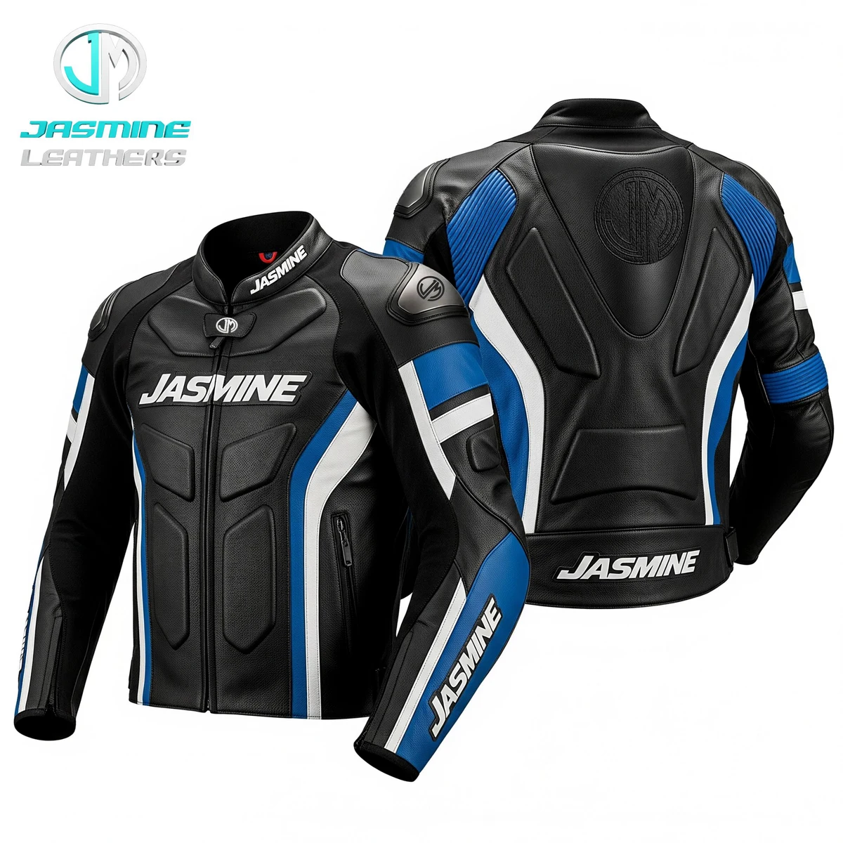 Jasmine Leathers Bluefire Racing Leather Jacket — front and back