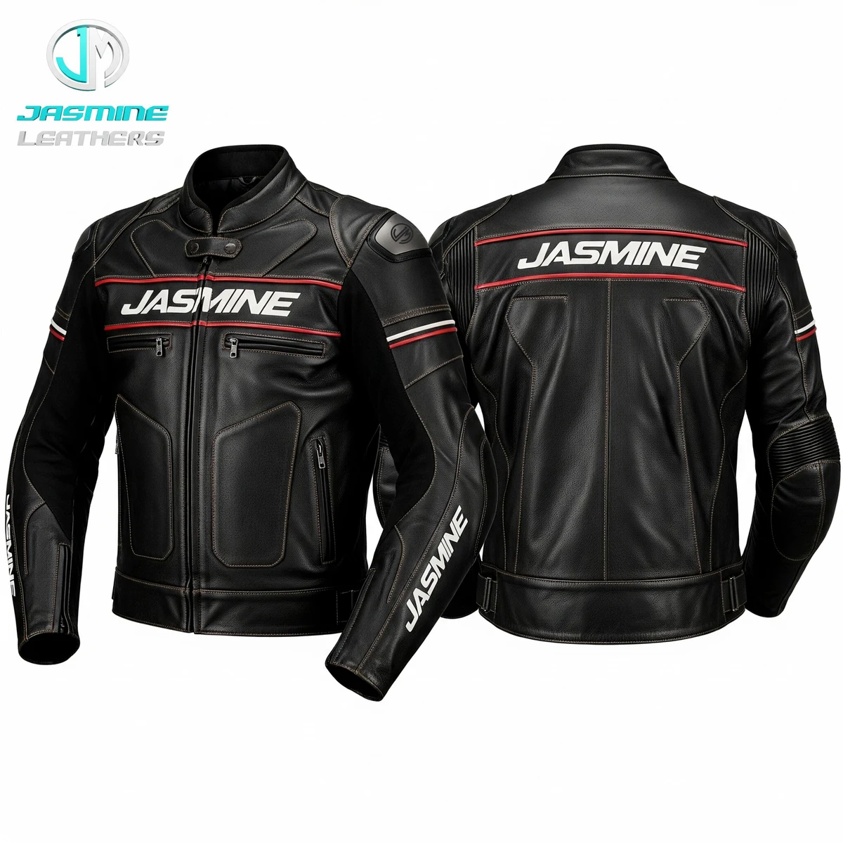 Jasmine Leathers Shadow Red Racing Leather Jacket — front and back