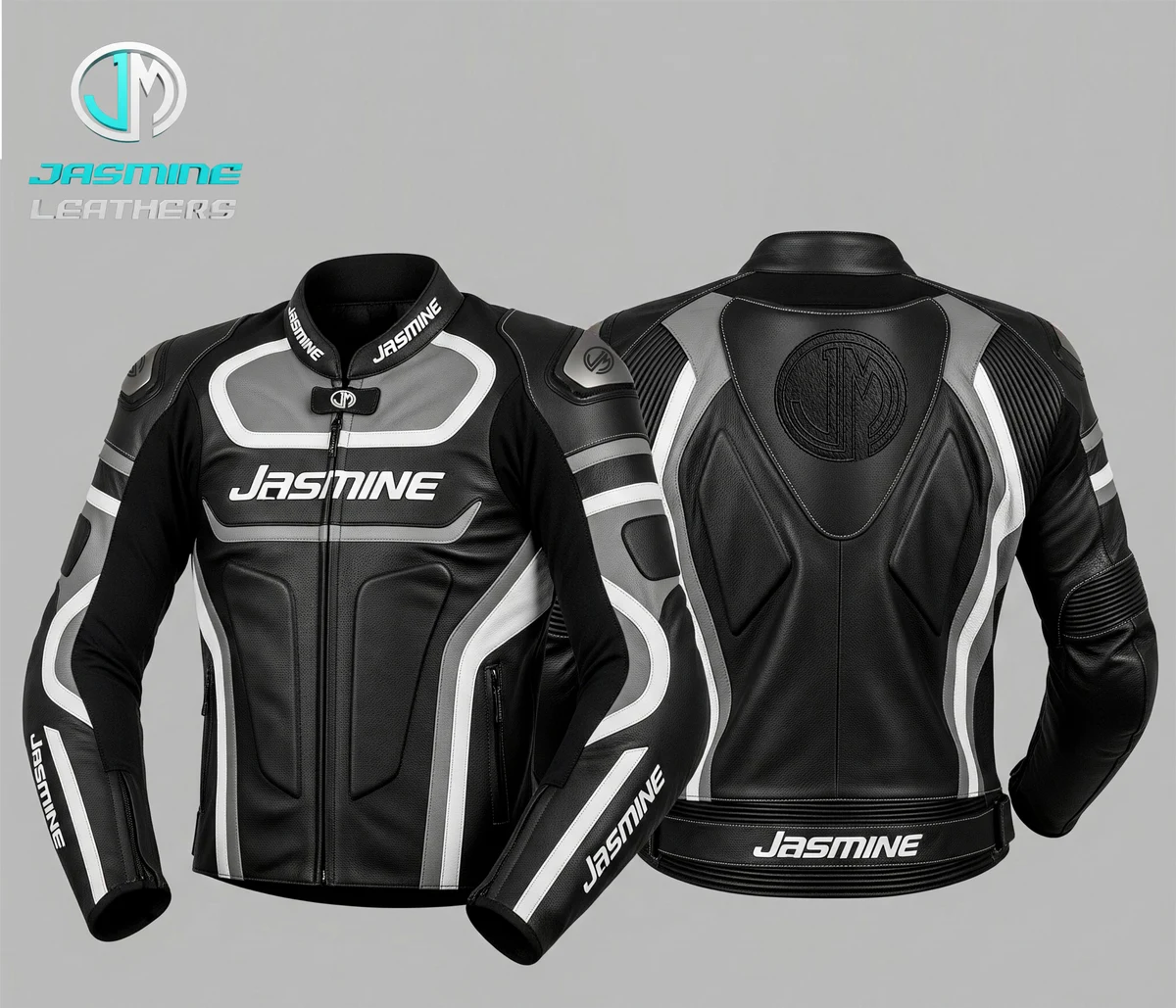 Jasmine Leathers Platinum Racing Leather Jacket — front and back