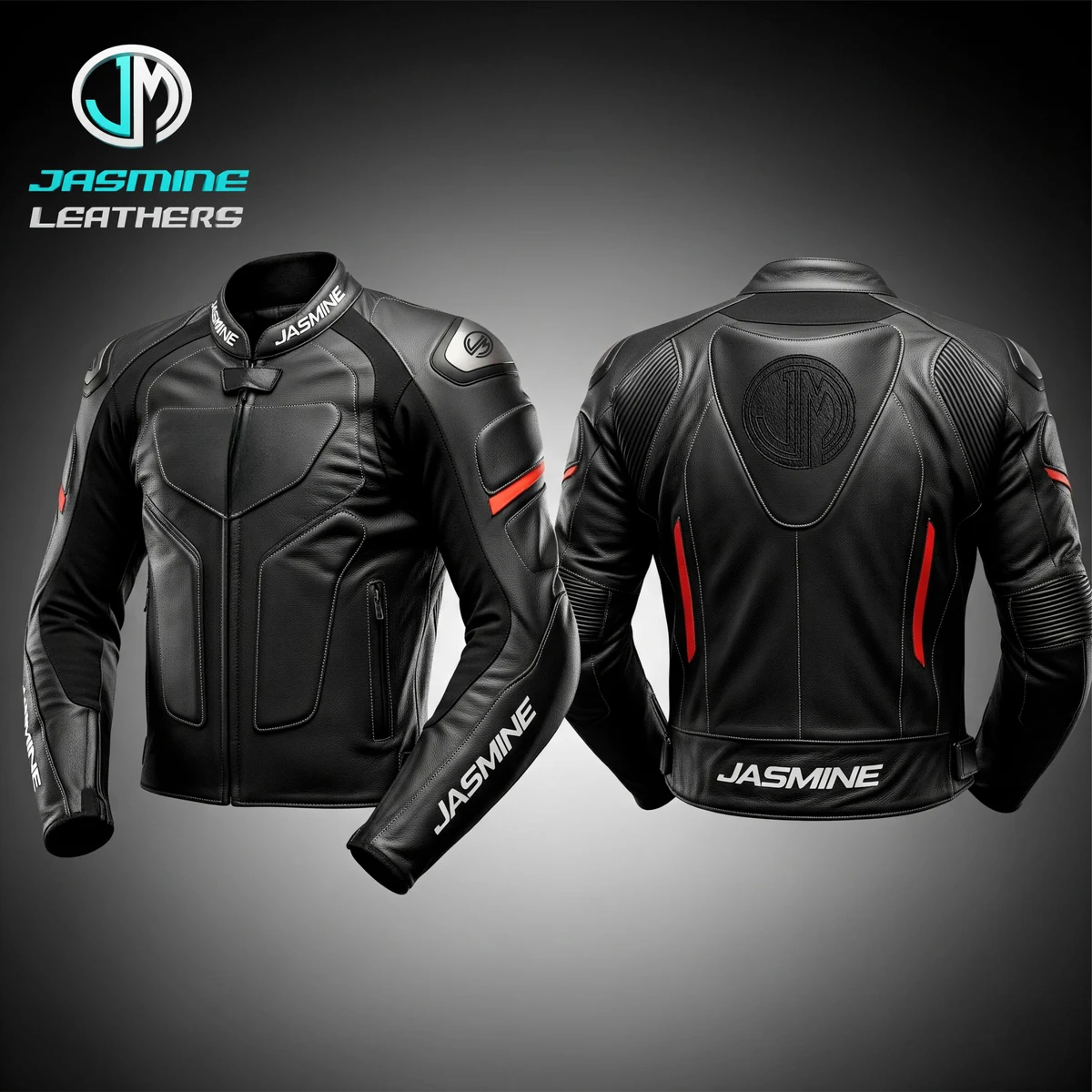 Jasmine Leathers Blackout Racing Leather Jacket — front and back