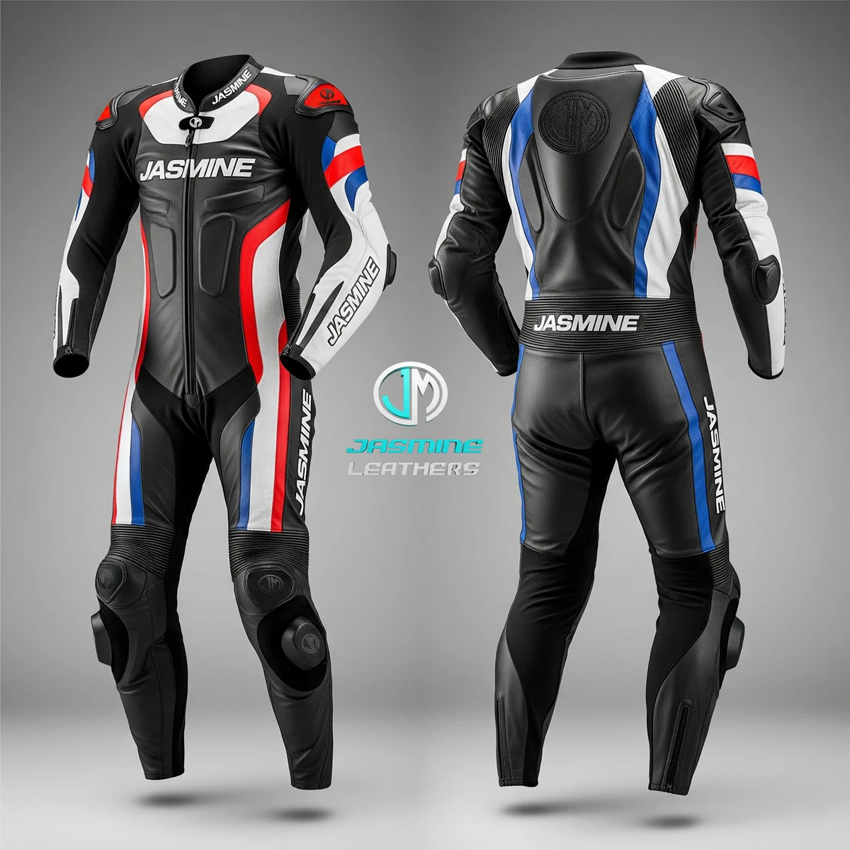 Jasmine Leathers Apex Tricolour Racing Leather Suit — front and back