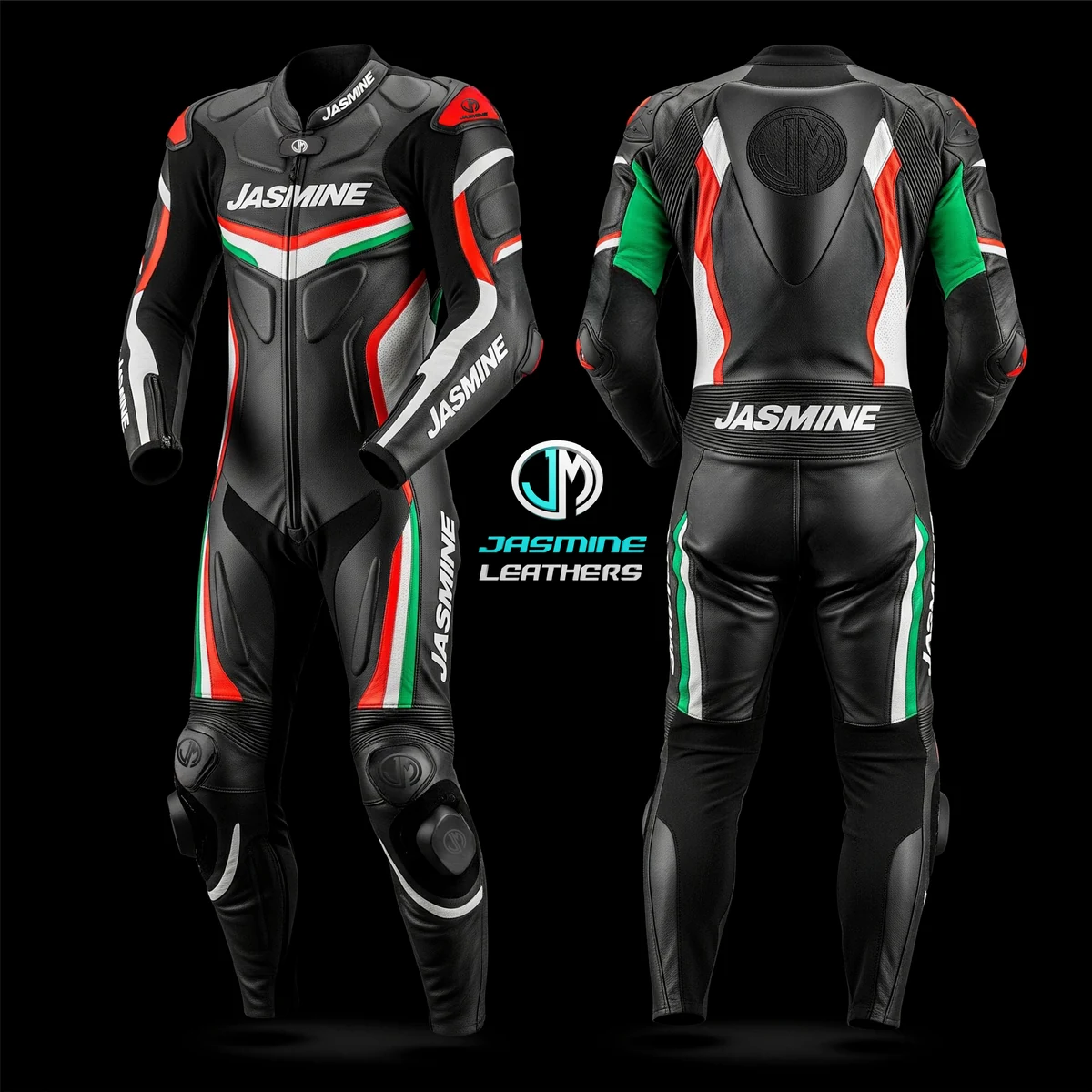 Jasmine Leathers Tricolore Stealth Racing Leather Suit — front and back