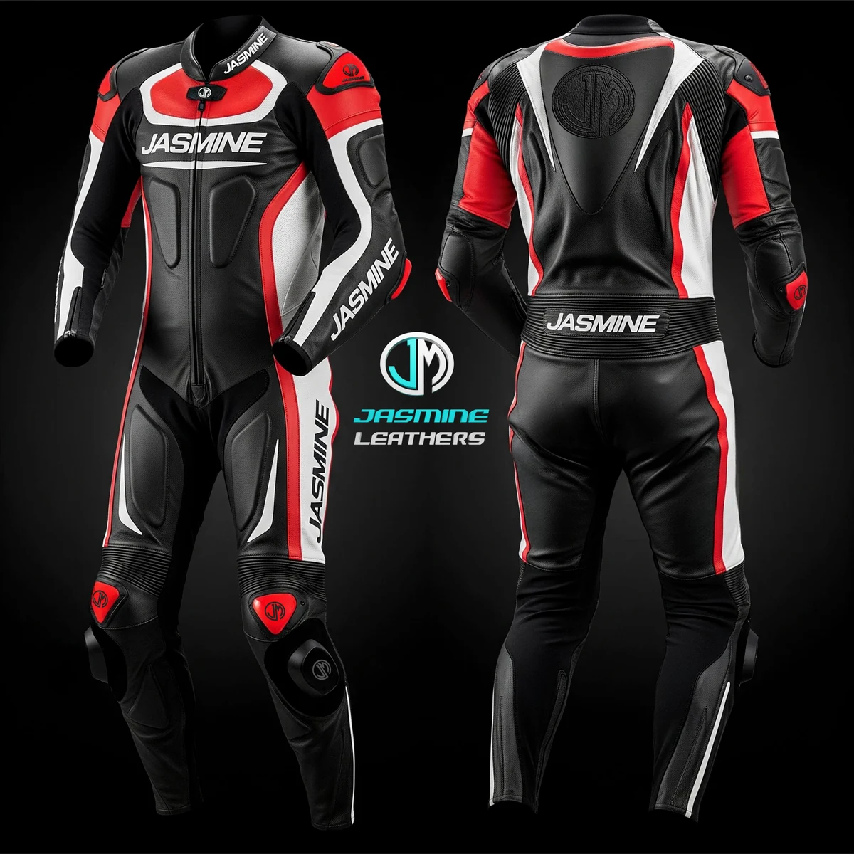 Jasmine Leathers Crimson Strike Racing Leather Suit — front and back