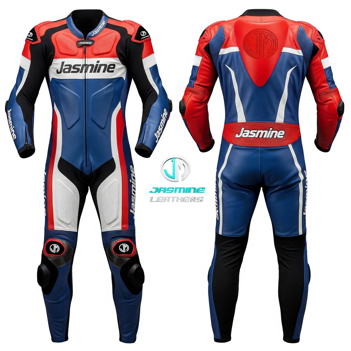 Jasmine Leathers Velocity Blue Racing Leather Suit — front and back