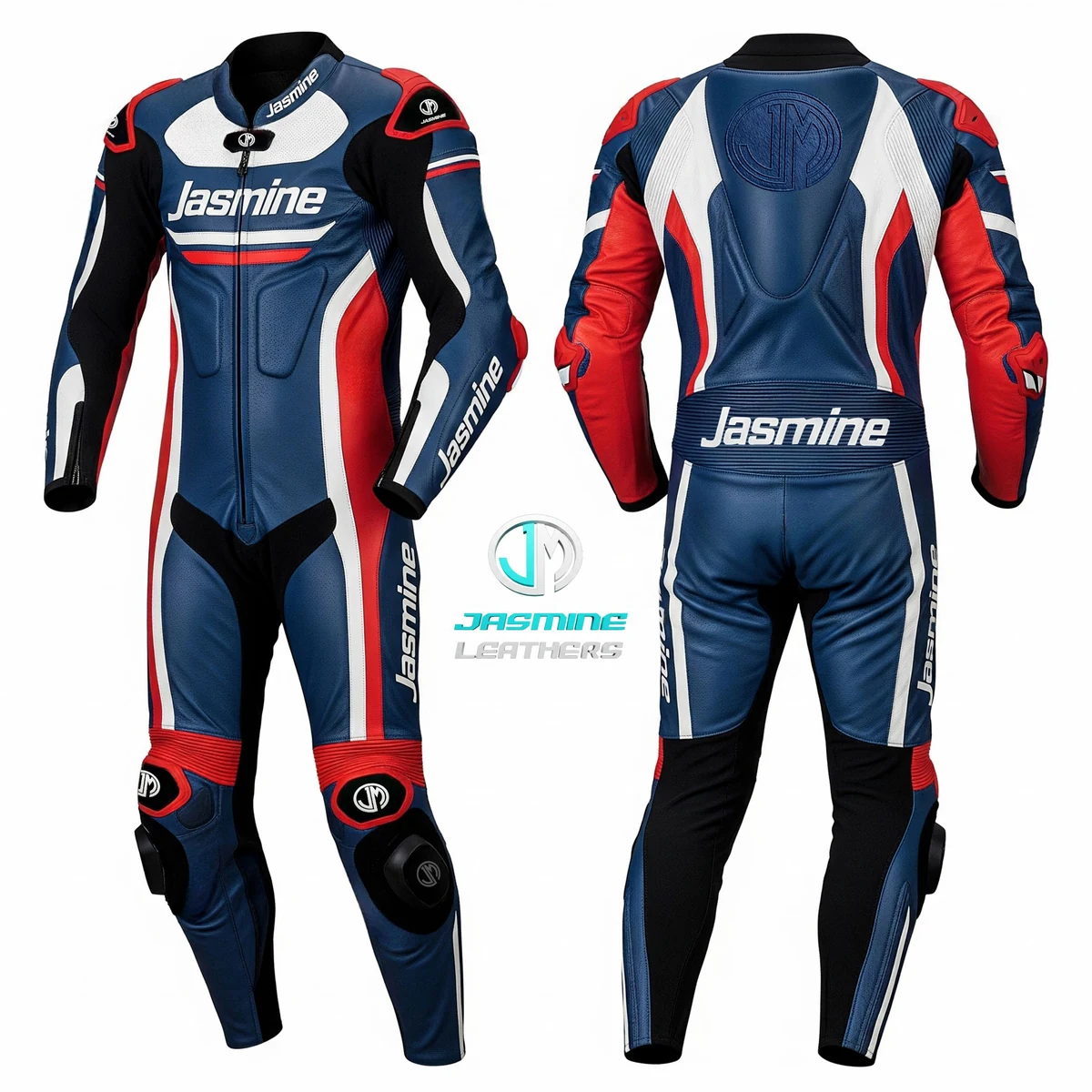 Jasmine Leathers Vector Blue Racing Leather Suit — front and back