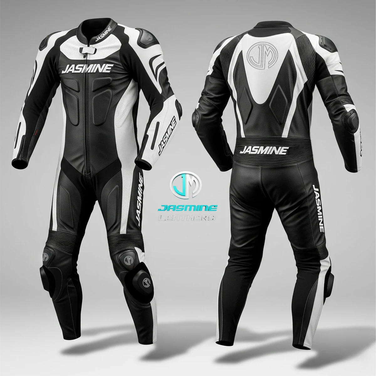 Jasmine Leathers Monochrome Racing Leather Suit — front and back