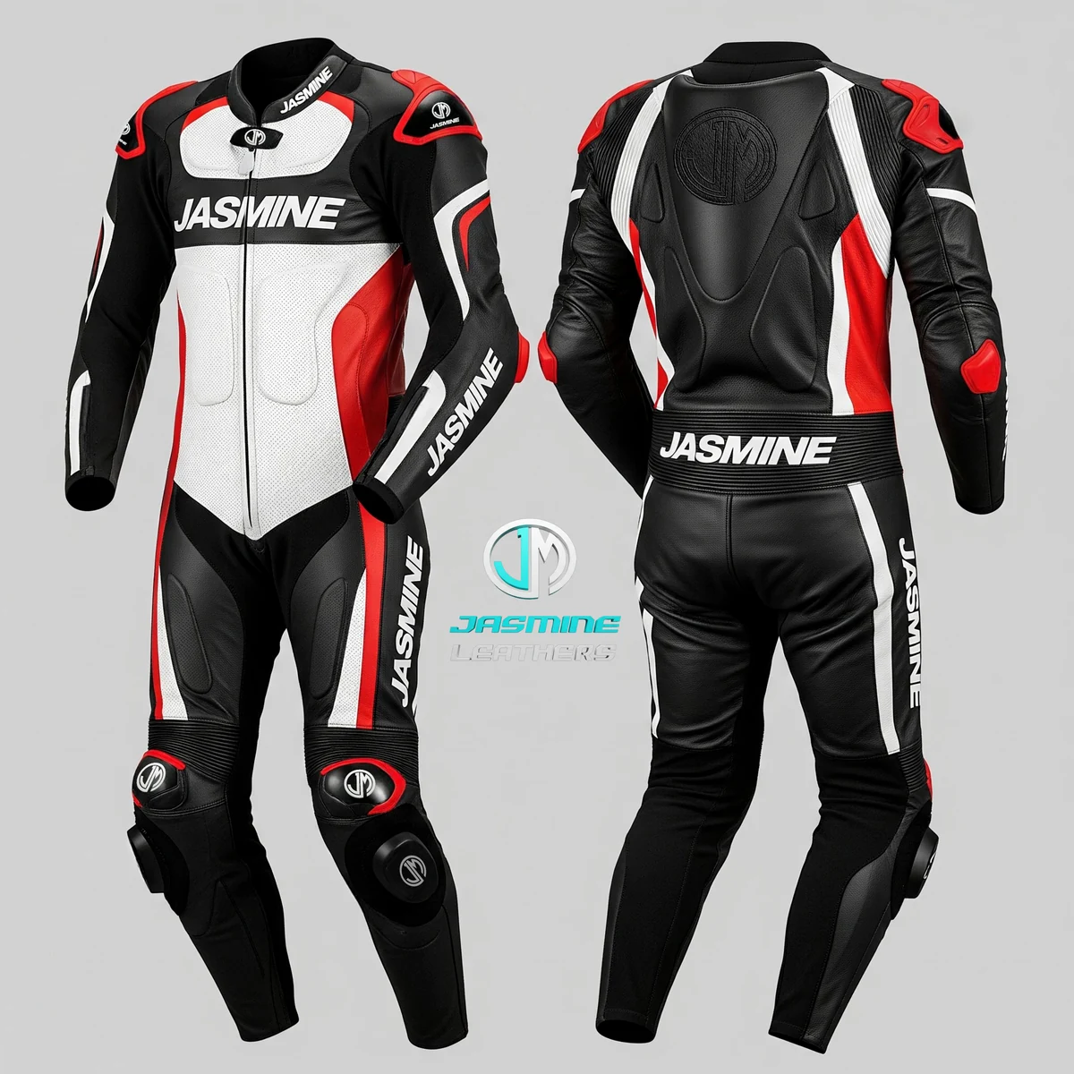Jasmine Leathers Polar Red Racing Leather Suit — front and back