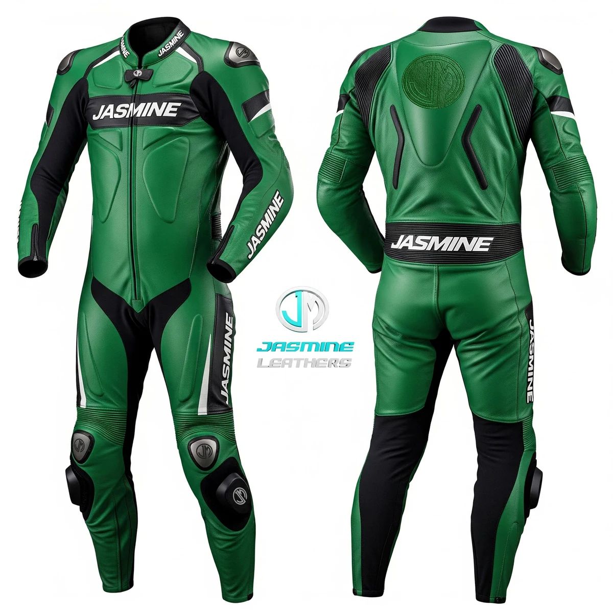 Jasmine Leathers Emerald Racing Leather Suit — front and back