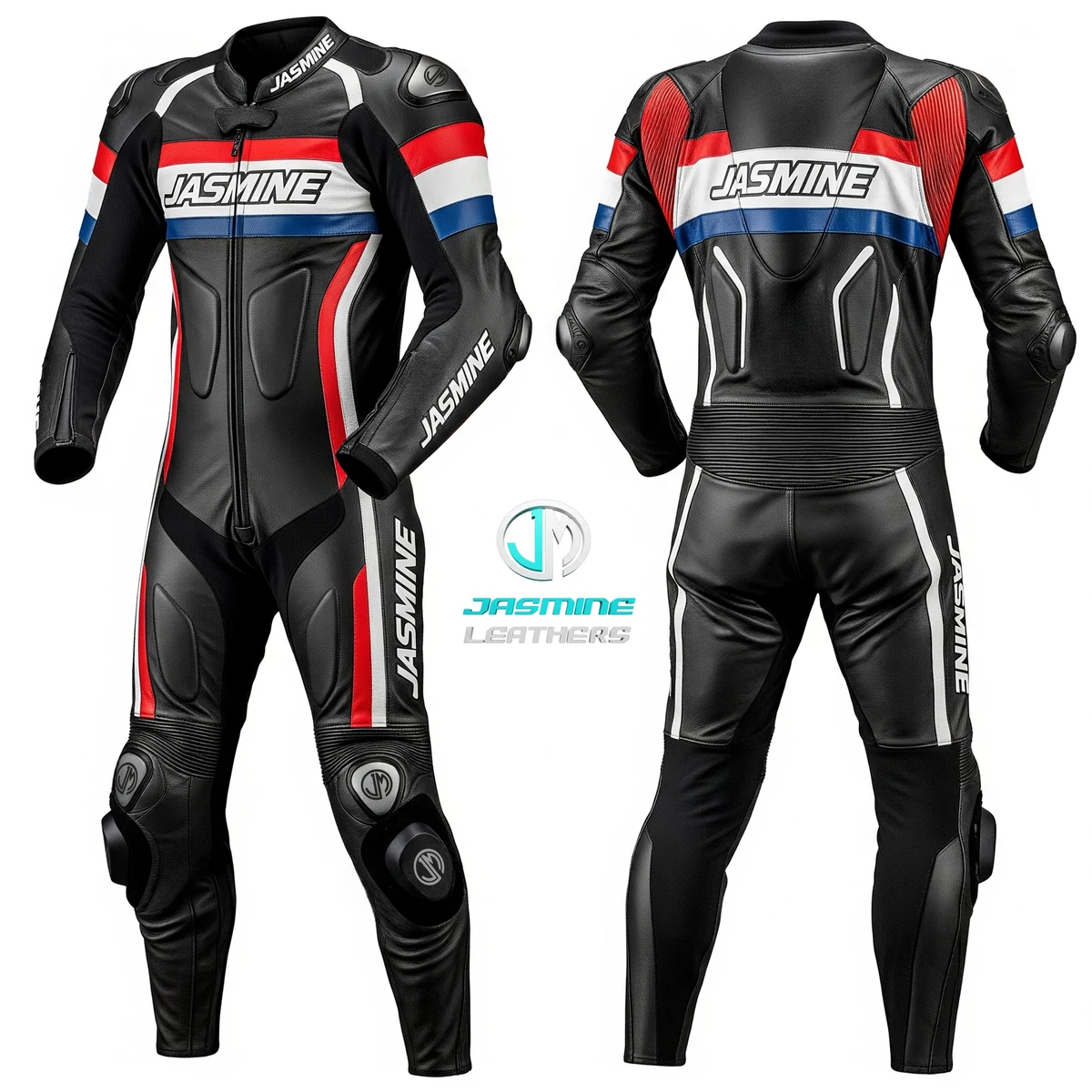 Jasmine Leathers Tricolour Sprint Racing Leather Suit — front and back