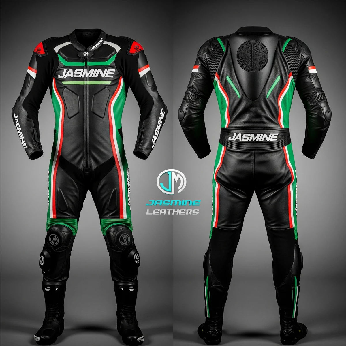 Jasmine Leathers Emerald Stealth Racing Leather Suit — front and back