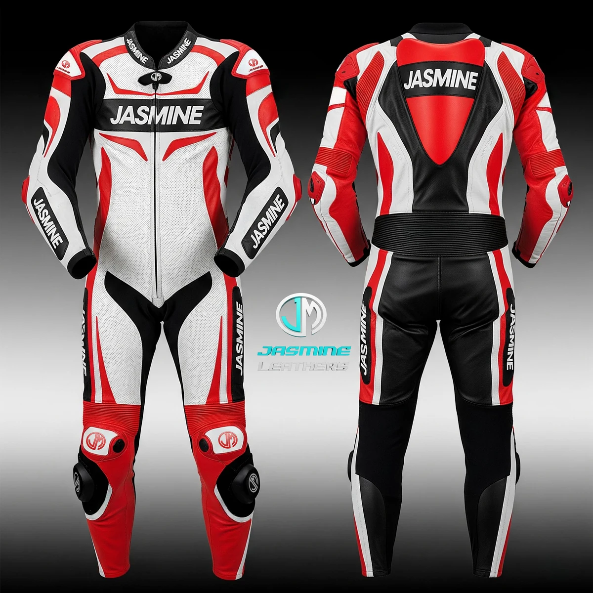 Jasmine Leathers Scarlet Crest Racing Leather Suit — front and back