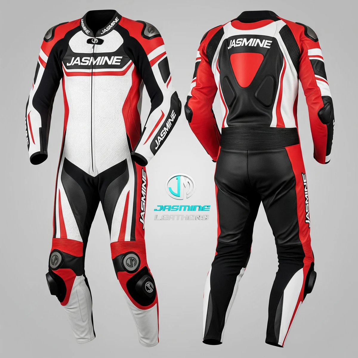 Jasmine Leathers Summit White Racing Leather Suit — front and back