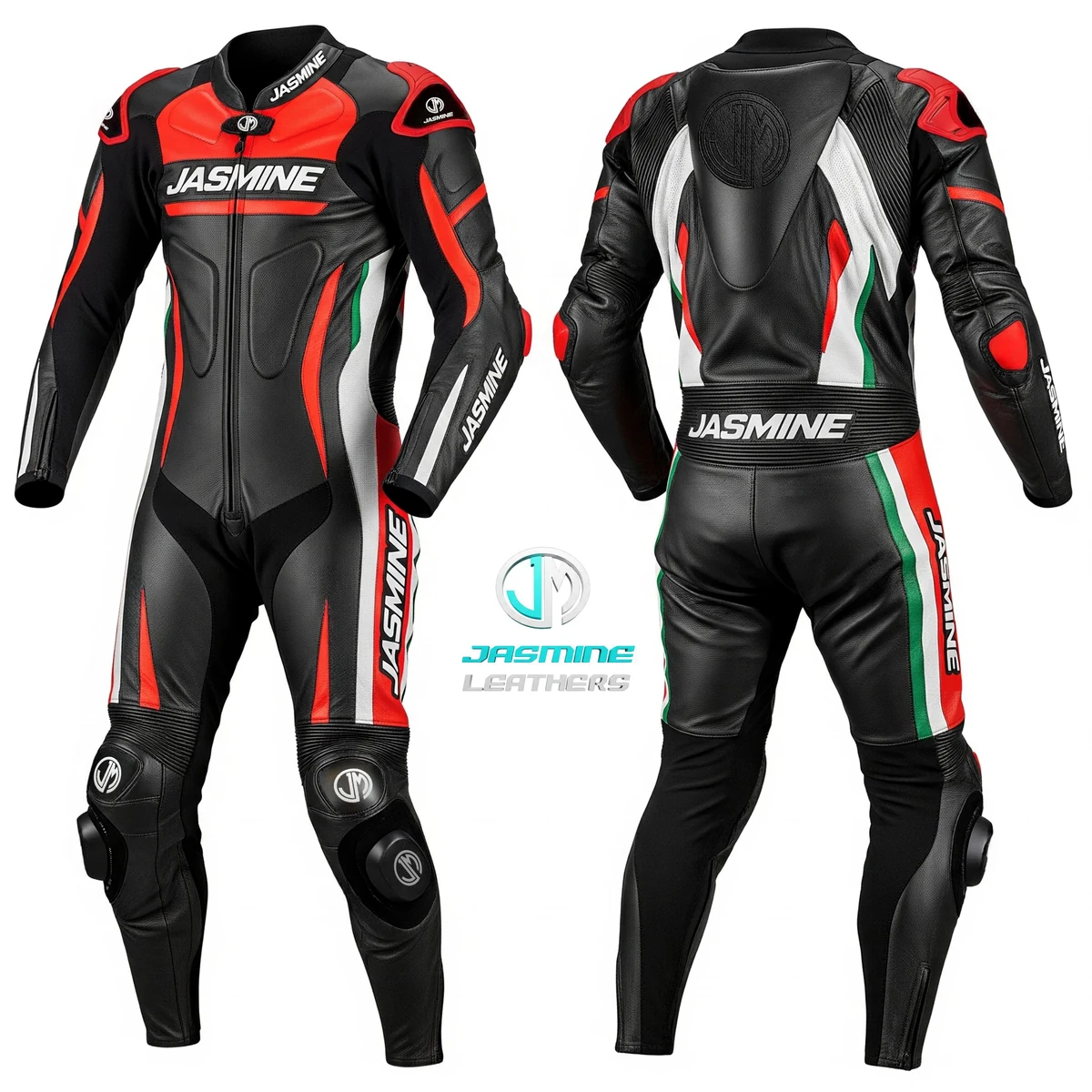 Jasmine Leathers Tricolour Flash Racing Leather Suit — front and back