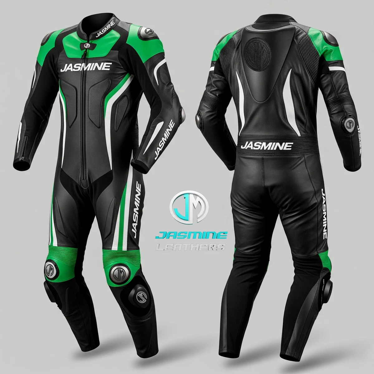 Jasmine Leathers Green Apex Racing Leather Suit — front and back
