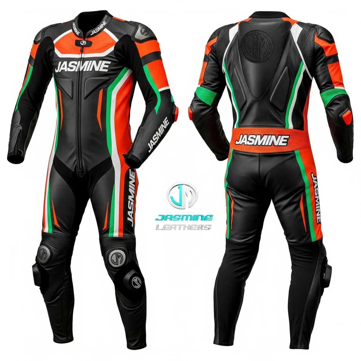 Jasmine Leathers Orange Surge Racing Leather Suit — front and back