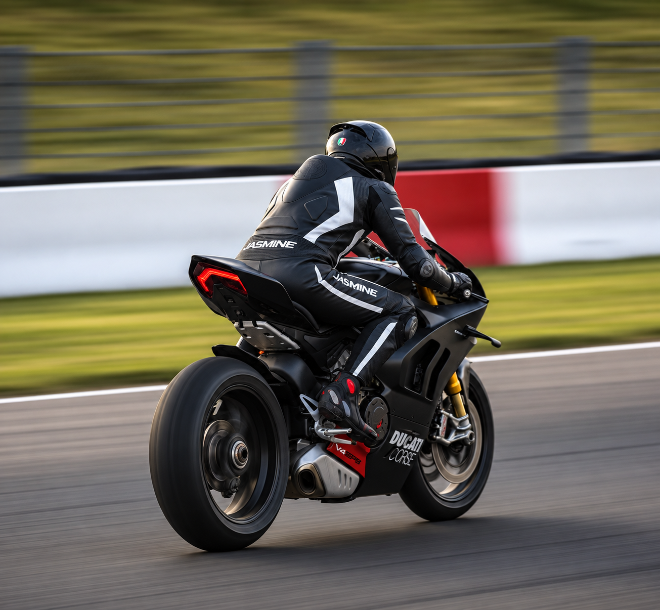 Rear view of rider in black racing leathers