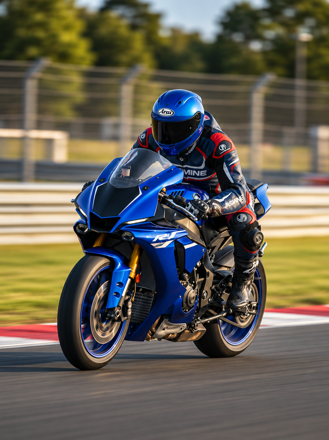 Rider on a blue motorcycle