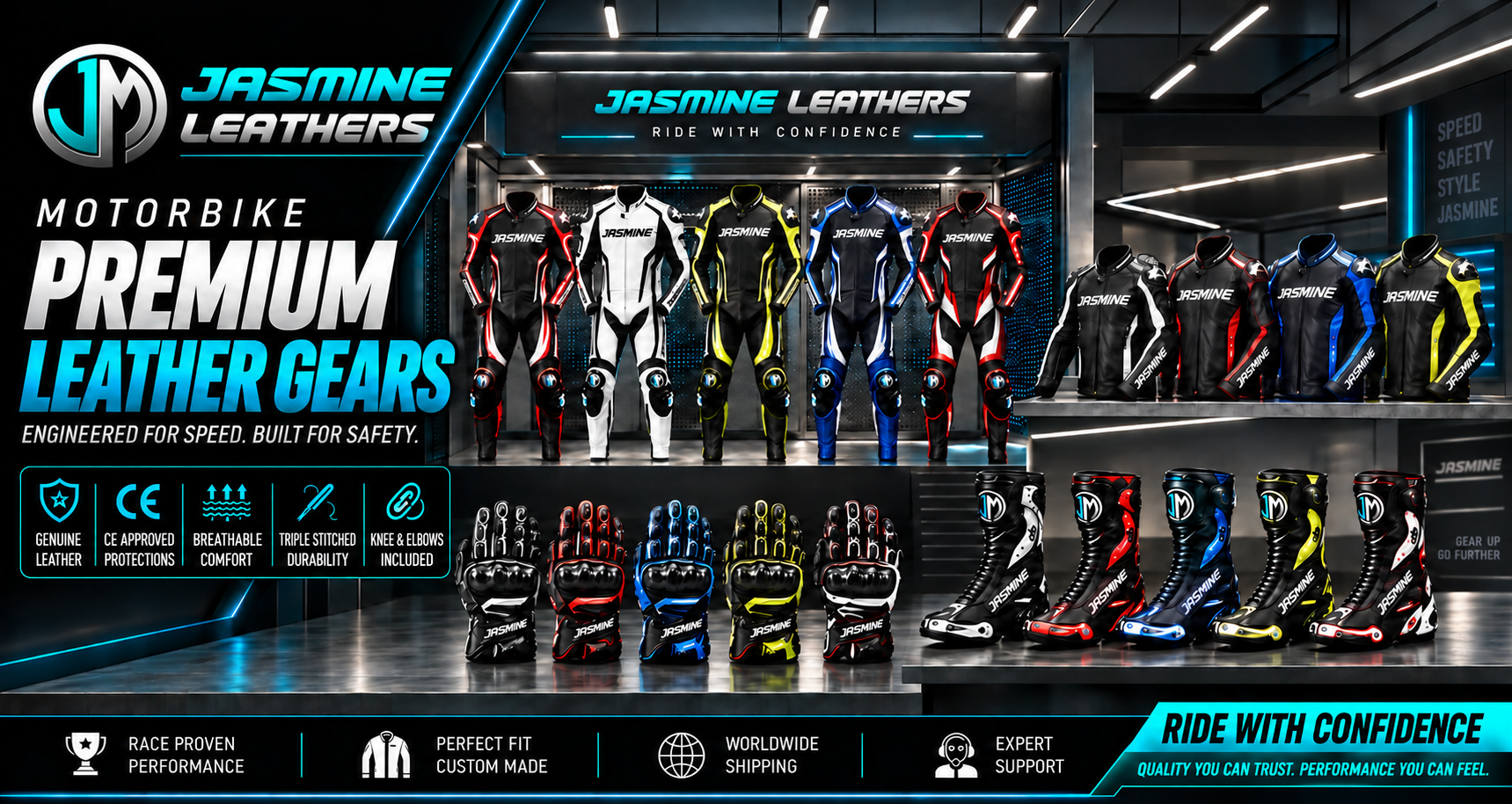 Jasmine Leathers motorbike racing leather suits, jackets, gloves and boots